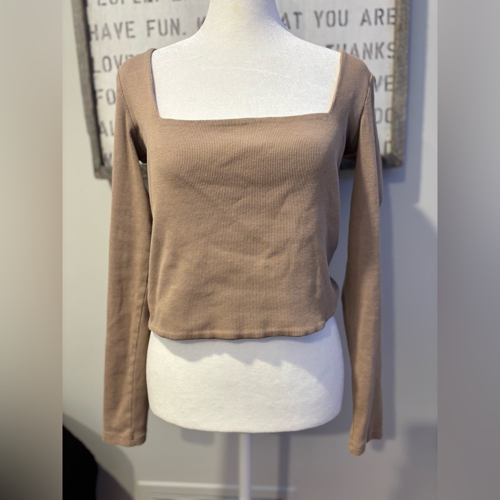 Zara Tan Long Sleeve Women's Square Neck Ribbed Crop Top L - Picture 1 of 12